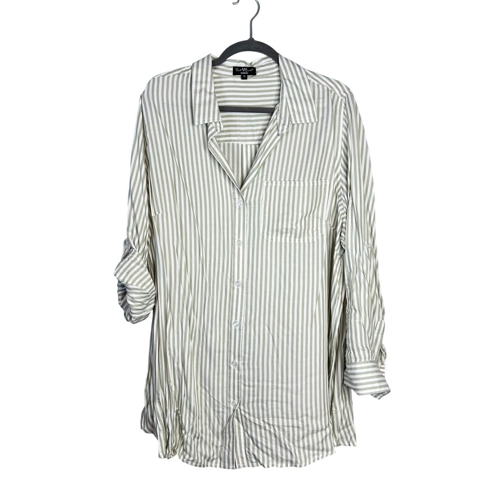 Velvet Heart Button Front Shirt Plus 2X Green Striped Roll Tab Rayon Tencel NEW
